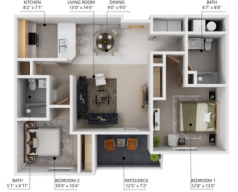 Floor plan for 2 beds, 2 baths, 1008 sqft